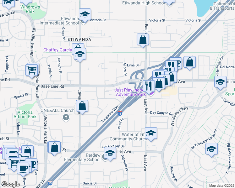 map of restaurants, bars, coffee shops, grocery stores, and more near 7331 Shelby Place in Rancho Cucamonga