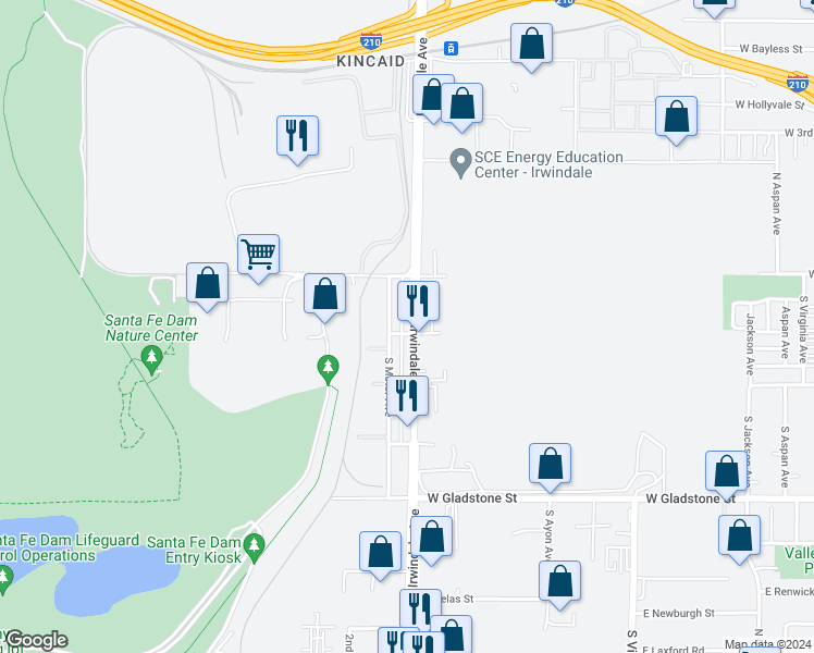 map of restaurants, bars, coffee shops, grocery stores, and more near 159 South Irwindale Avenue in Azusa