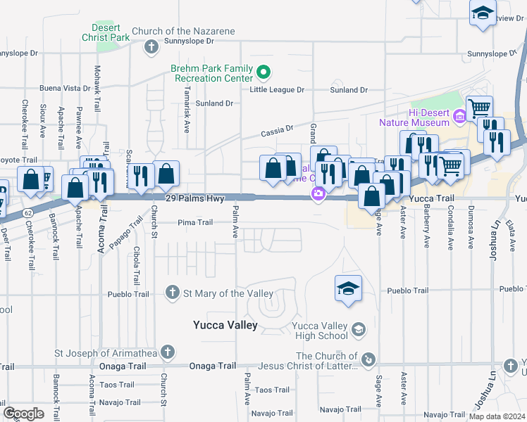 map of restaurants, bars, coffee shops, grocery stores, and more near 56569 29 Palms Highway in Yucca Valley