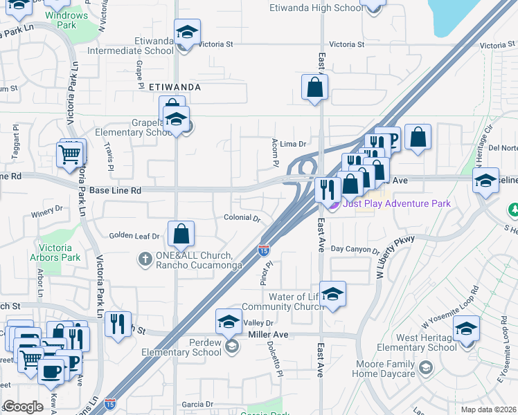 map of restaurants, bars, coffee shops, grocery stores, and more near 12961 Base Line Road in Rancho Cucamonga