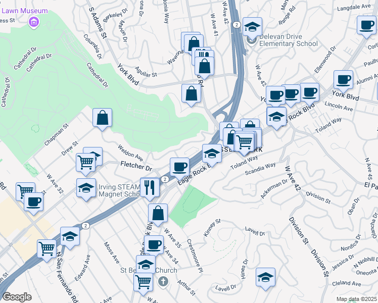 map of restaurants, bars, coffee shops, grocery stores, and more near in Los Angeles