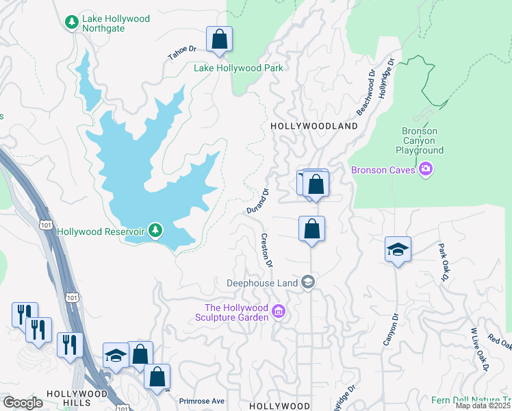 map of restaurants, bars, coffee shops, grocery stores, and more near 2831 Durand Drive in Los Angeles
