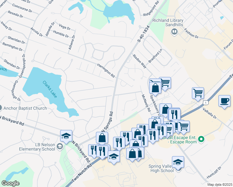 map of restaurants, bars, coffee shops, grocery stores, and more near 201 Pond Ridge Road East in Columbia