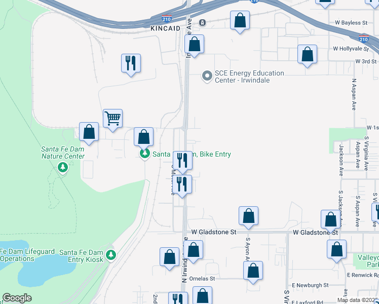 map of restaurants, bars, coffee shops, grocery stores, and more near 180 South Irwindale Avenue in Azusa