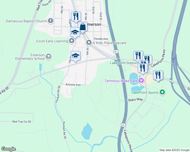 map of restaurants, bars, coffee shops, grocery stores, and more near 101 6th Street in Emerson
