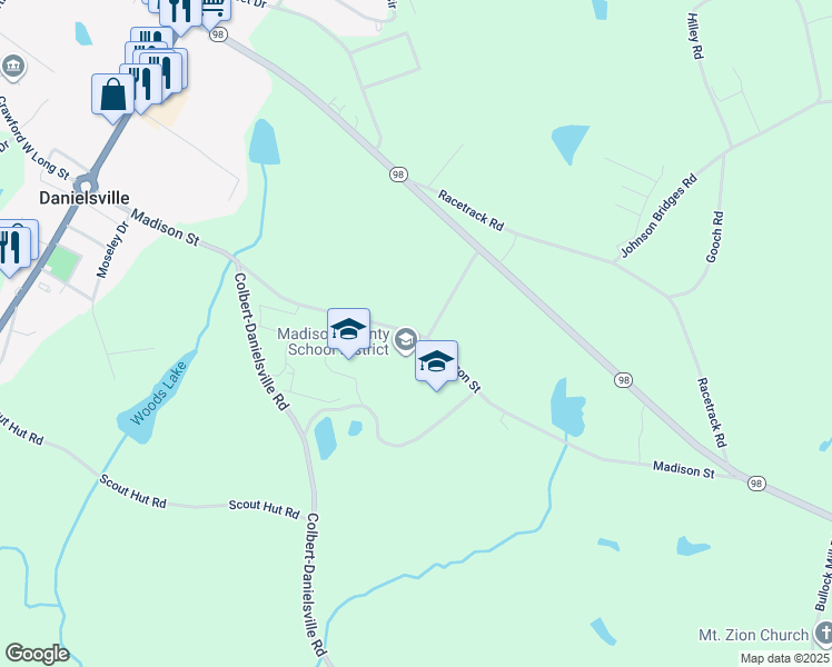 map of restaurants, bars, coffee shops, grocery stores, and more near 800 Madison Street in Danielsville