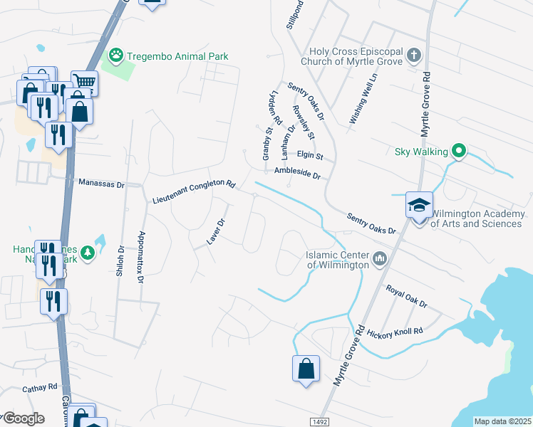 map of restaurants, bars, coffee shops, grocery stores, and more near 6182 Meadowgrove Loop in Wilmington