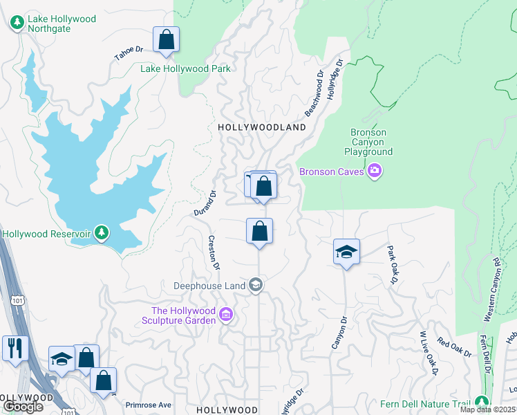 map of restaurants, bars, coffee shops, grocery stores, and more near 2701 Belden Drive in Los Angeles