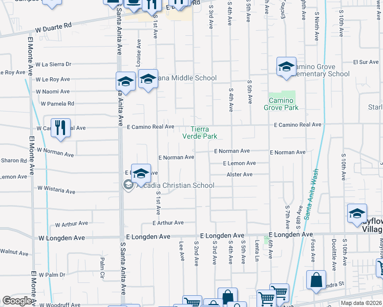 map of restaurants, bars, coffee shops, grocery stores, and more near 185 East Norman Avenue in Arcadia