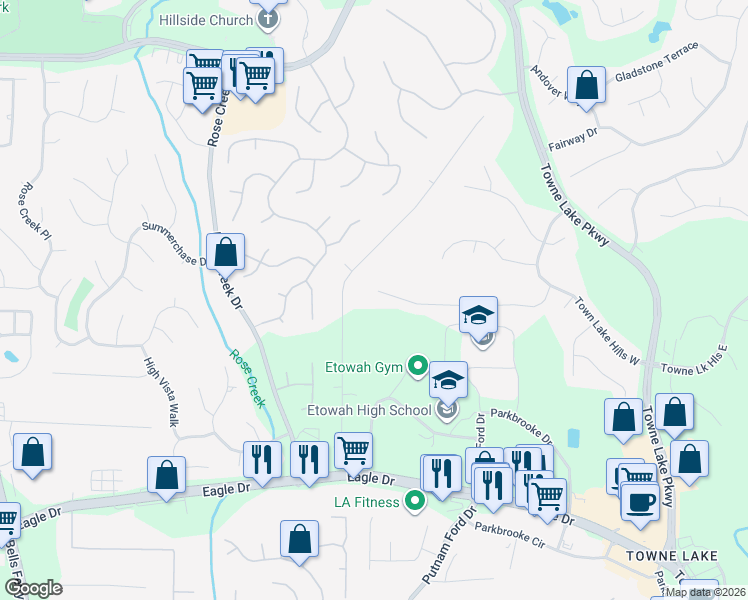 map of restaurants, bars, coffee shops, grocery stores, and more near 361 Ironhill Trce in Woodstock