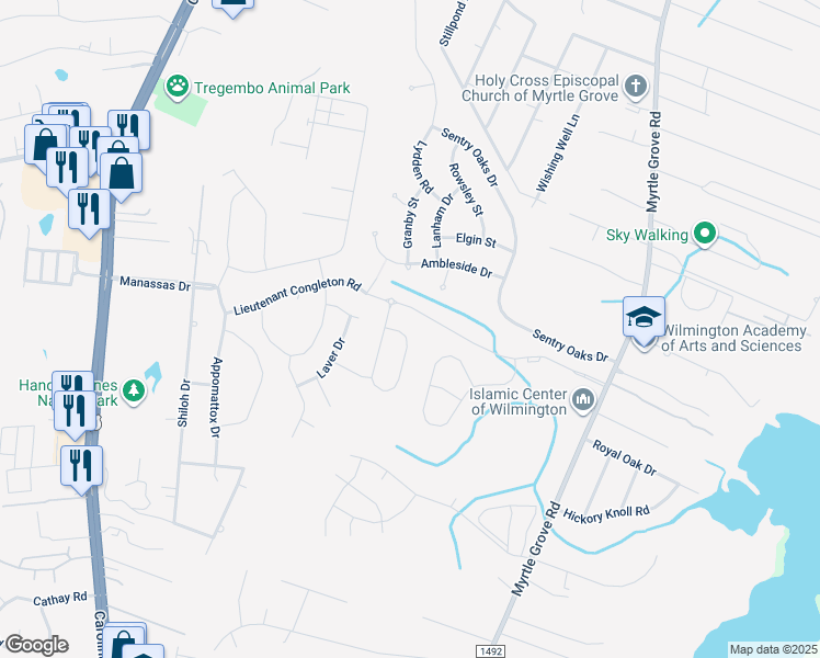 map of restaurants, bars, coffee shops, grocery stores, and more near 6182 Meadowgrove Loop in Wilmington