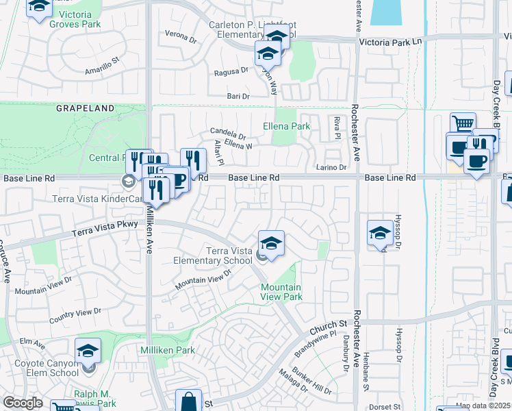 map of restaurants, bars, coffee shops, grocery stores, and more near 11565 Stonecrest Drive in Rancho Cucamonga