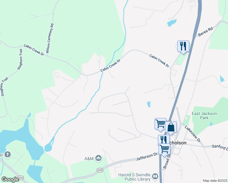 map of restaurants, bars, coffee shops, grocery stores, and more near 620 Ivy Creek Drive in Nicholson