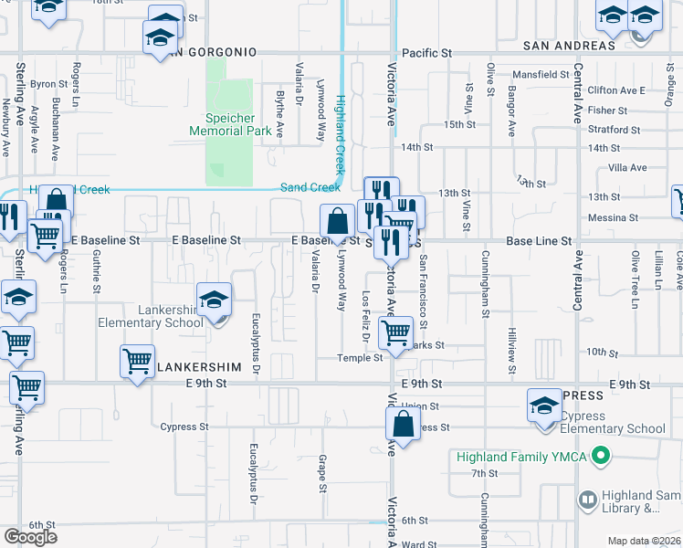 map of restaurants, bars, coffee shops, grocery stores, and more near 7359 Lynwood Way in Highland