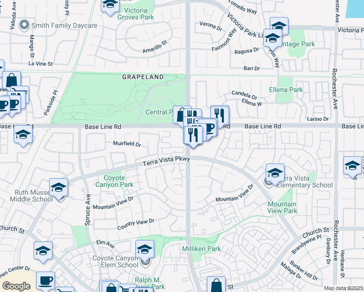 map of restaurants, bars, coffee shops, grocery stores, and more near 11254 Terra Vista Parkway in Rancho Cucamonga