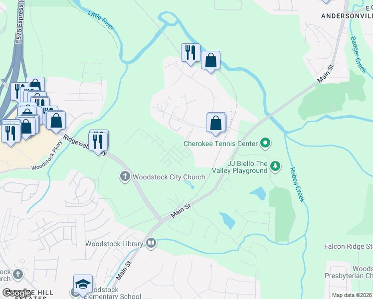 map of restaurants, bars, coffee shops, grocery stores, and more near 308 Bell Park Drive in Woodstock