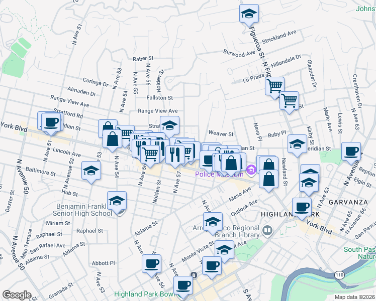 map of restaurants, bars, coffee shops, grocery stores, and more near 5722 Meridian Street in Los Angeles