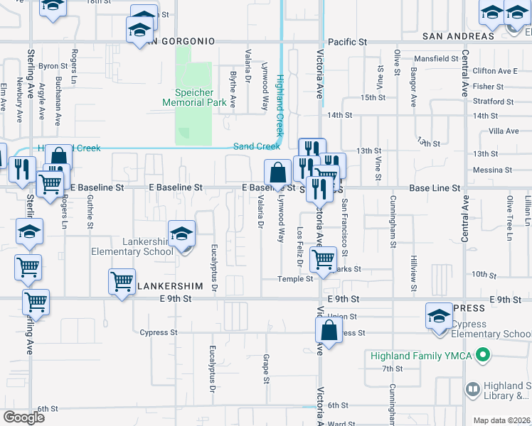 map of restaurants, bars, coffee shops, grocery stores, and more near 7353 Valaria Drive in Highland