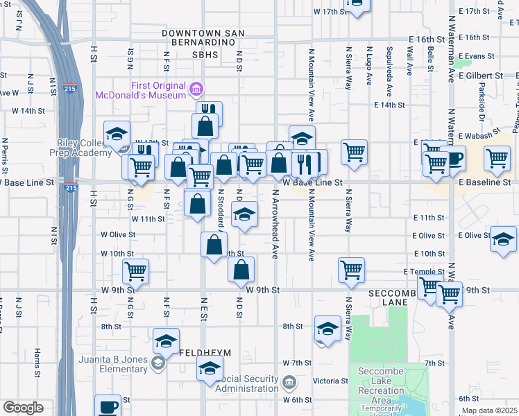 map of restaurants, bars, coffee shops, grocery stores, and more near 1164 North Mayfield Avenue in San Bernardino