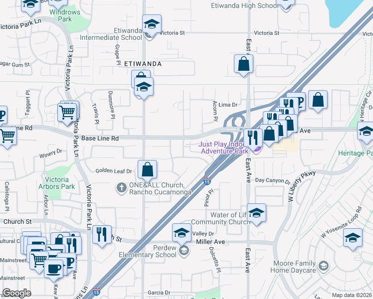 map of restaurants, bars, coffee shops, grocery stores, and more near 7308 Shelby Place in Rancho Cucamonga