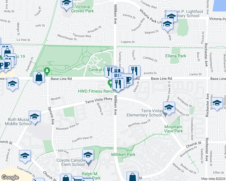 map of restaurants, bars, coffee shops, grocery stores, and more near 11249 Base Line Road in Rancho Cucamonga