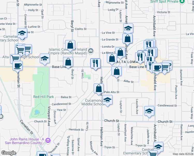 map of restaurants, bars, coffee shops, grocery stores, and more near 9267 Spur Drive in Rancho Cucamonga