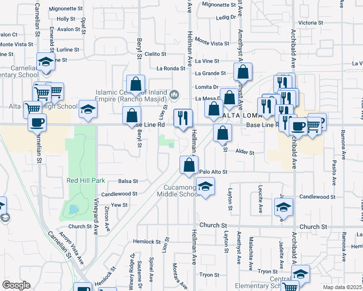 map of restaurants, bars, coffee shops, grocery stores, and more near 9267 Spur Drive in Rancho Cucamonga