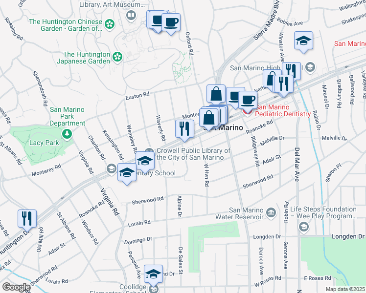 map of restaurants, bars, coffee shops, grocery stores, and more near in Pasadena