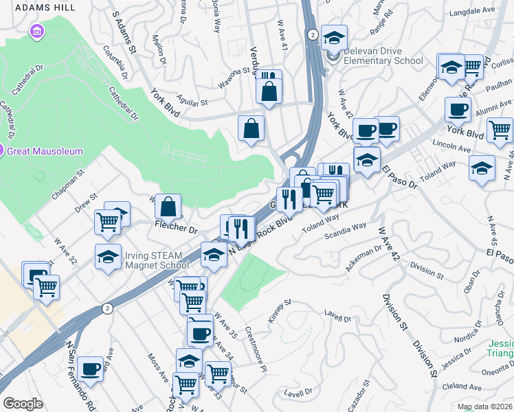 map of restaurants, bars, coffee shops, grocery stores, and more near 3922 Roderick Road in Los Angeles
