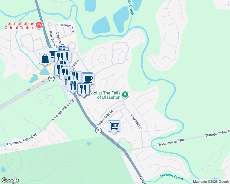 map of restaurants, bars, coffee shops, grocery stores, and more near 1702 Ammons Falls Court in Braselton