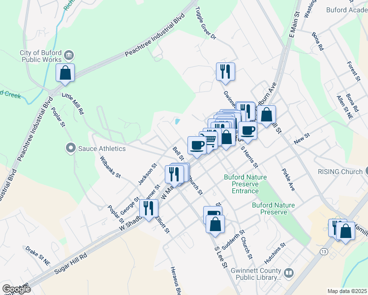 map of restaurants, bars, coffee shops, grocery stores, and more near 96 North Alexander Street Northeast in Buford