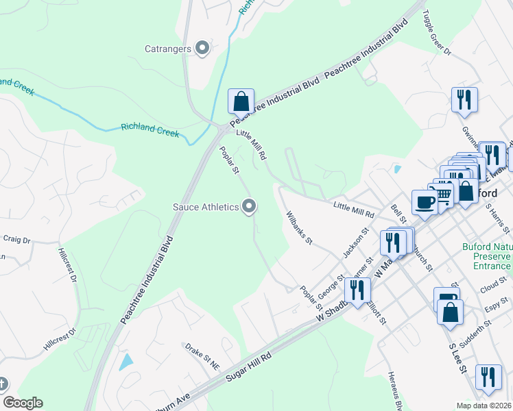 map of restaurants, bars, coffee shops, grocery stores, and more near 5140 Poplar Street in Buford