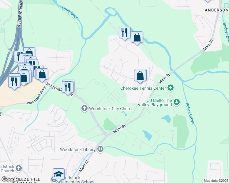map of restaurants, bars, coffee shops, grocery stores, and more near 304 Bell Park Dr in Woodstock