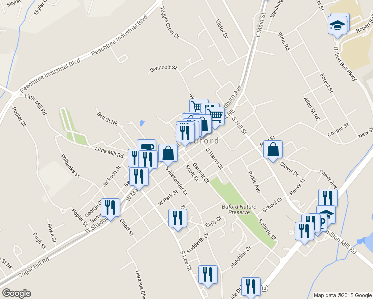 map of restaurants, bars, coffee shops, grocery stores, and more near 9 E Main St in Buford