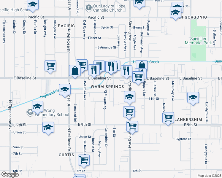 map of restaurants, bars, coffee shops, grocery stores, and more near 7372 Elm Street in San Bernardino