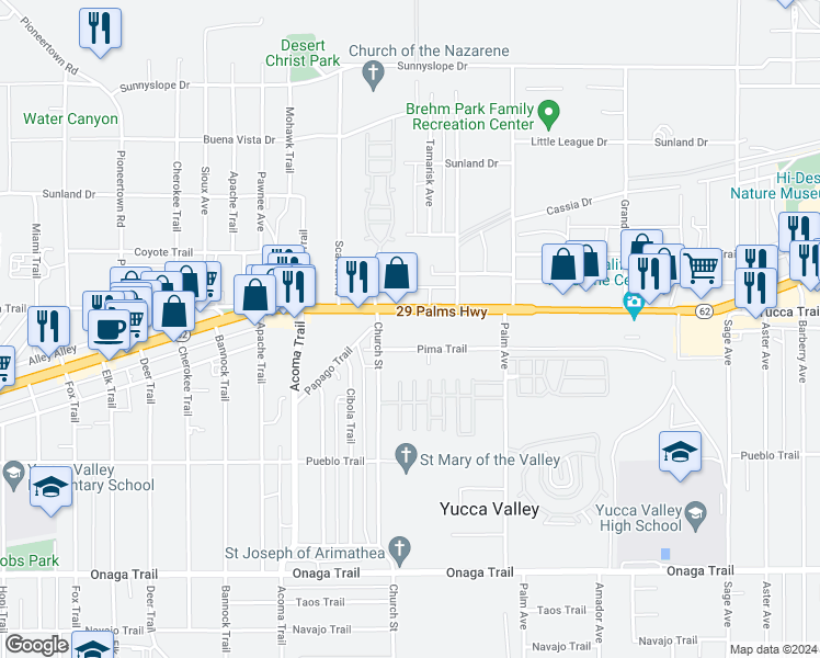 map of restaurants, bars, coffee shops, grocery stores, and more near 56341 29 Palms Highway in Yucca Valley