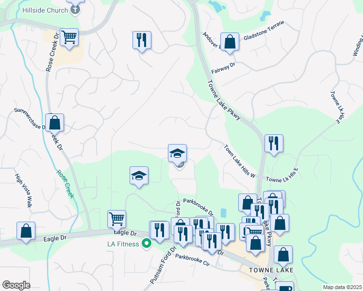map of restaurants, bars, coffee shops, grocery stores, and more near 320 Ironhill Trce in Woodstock