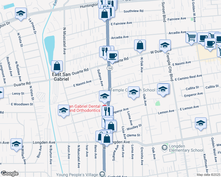 map of restaurants, bars, coffee shops, grocery stores, and more near Ardendale Ave & Rosemead Blvd in San Gabriel