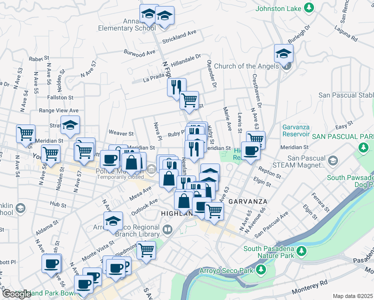 map of restaurants, bars, coffee shops, grocery stores, and more near 354 Newland Street in Los Angeles