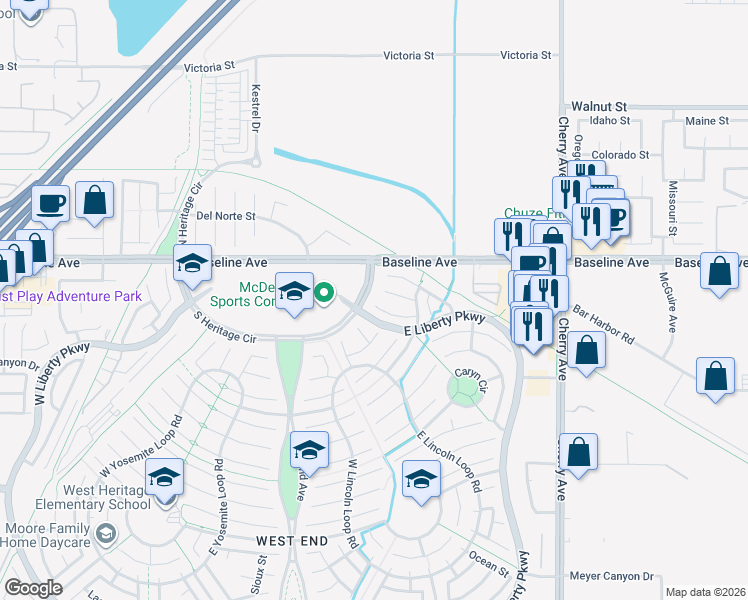 map of restaurants, bars, coffee shops, grocery stores, and more near 14122 Mendocino Court in Fontana