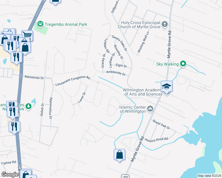 map of restaurants, bars, coffee shops, grocery stores, and more near 1370 Lieutenant Congleton Road in Wilmington