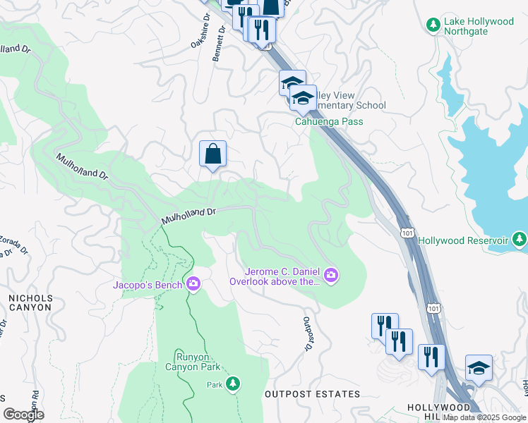 map of restaurants, bars, coffee shops, grocery stores, and more near 7187 Macapa Drive in Los Angeles