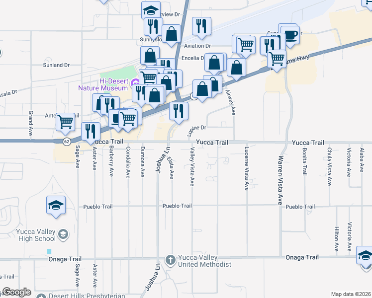 map of restaurants, bars, coffee shops, grocery stores, and more near 7330 Valley Vista Avenue in Yucca Valley