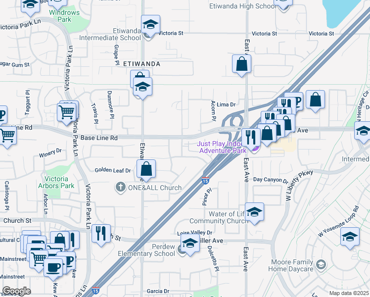 map of restaurants, bars, coffee shops, grocery stores, and more near 7308 Shelby Place in Rancho Cucamonga