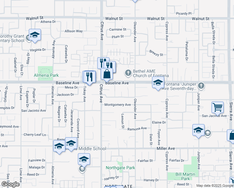 map of restaurants, bars, coffee shops, grocery stores, and more near 7377 Milleman Avenue in Fontana