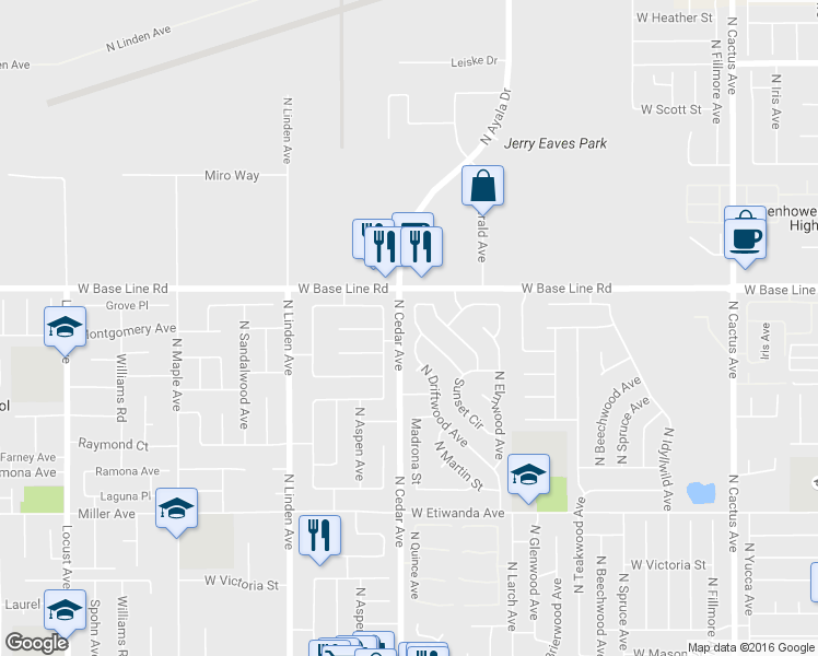 map of restaurants, bars, coffee shops, grocery stores, and more near 1142 Brentwood Avenue in Rialto