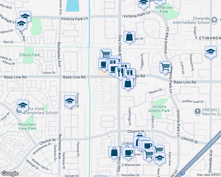 map of restaurants, bars, coffee shops, grocery stores, and more near 7360 Palazzo Place in Rancho Cucamonga
