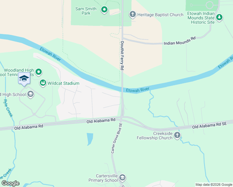 map of restaurants, bars, coffee shops, grocery stores, and more near 16 Riverside Court Southeast in Cartersville