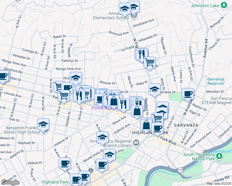 map of restaurants, bars, coffee shops, grocery stores, and more near 5928 Meridian Street in Los Angeles
