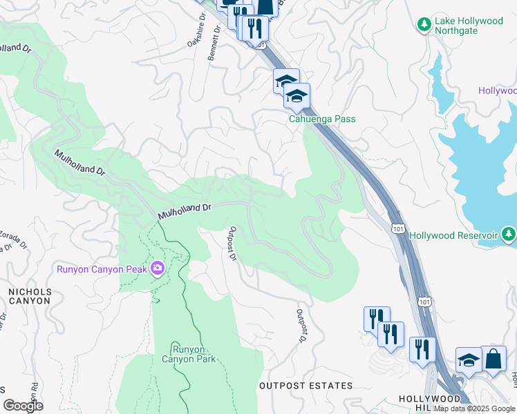 map of restaurants, bars, coffee shops, grocery stores, and more near 7187 Macapa Drive in Los Angeles